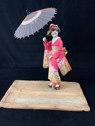 Lefton China Hakata Doll In Pink Kimono With Umbrella