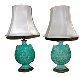 Pair Of Vintage/antique Stangl Lamps Turquoise Ornate Brass