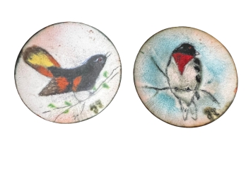 Gorgeous Pair Of Vintage Enamel Plates With Perched Bird Pattern