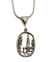 Vintage Sterling Silver Church Scene Pendant On Italian Sterling Silver Smooth Chain