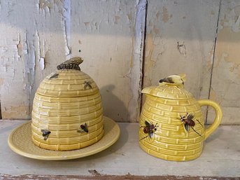 Vintage Five Piece, Bee Pot Style Creamer, And Sugar Bowl With Under Plate By Black Forest Art Pottery