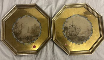 Two Black And White Harbor Prints In Octagonal Frames