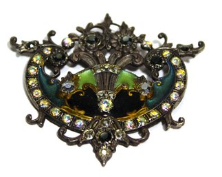 1980s Vintage French Enamel And Rhinestone Silver Tone Fancy Antique Style Brooch