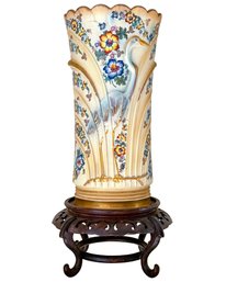 An Antique Abingdon Peacock Vase On Rose Wood Base