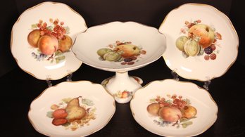 VINTAGE ROSENTHAL KRONACH BAVARIA CHRYSANTHEMECAKE STAND & 4 DESSERT PLATES WITH FRUIT DESIGNS