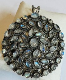 GORGEOUS LARGE STERLING SILVER BLUE MOONSTONE DISK PENDANT