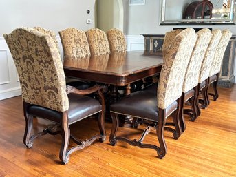An Extendable Banded Mahogany Dining Table And Set Of 10 Upholstered Dining Chairs By American Drew Furniture