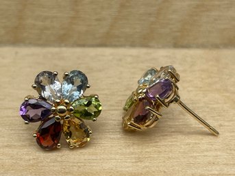 14k And Colorful Glass/stones Pair Of Earrings.