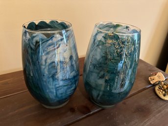 2 Alaura Candles  Blue And Gold With Pillars  NEW