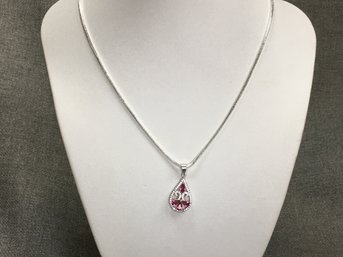 Lovely Sterling Silver / 925 Necklace And Pendant With Sparkling White Topaz & Fuchsia Tourmaline Pendant