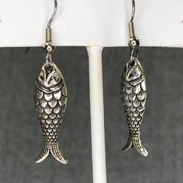 Wonderful Vintage 925 / Sterling Silver Fish Earrings - Made In Denmark - Highly Detailed - Very Pretty Pair