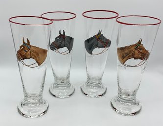 4 Vintage Signed Cyril Gorainoff Horsehead Pilsner Glasses ~ Hand Painted ~