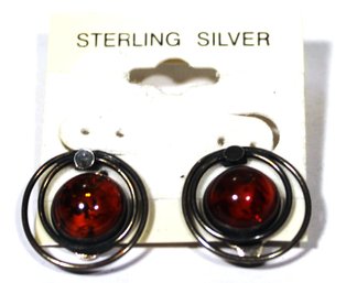 Pair Fine Vintage Sterling Silver Clip Earrings On Card Having Genuine Amber