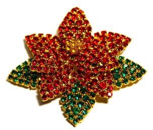 Larger High Quality Rhinestone Christmas Poinsettia Flower Brooch Gold Tone