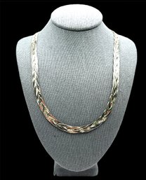 Vintage Thick Long Italian Sterling Silver Braided Herringbone Necklace