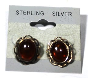 Oval Sterling Silver Genuine Amber Pierced Earrings