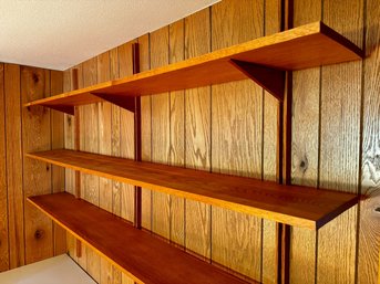 Trio Of 7 Foot Long Adjustable Mid Century Teak Shelves On Custom Wall Brackets