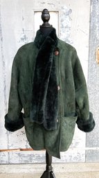 Bally Italy- Woman's Dark Green Leather & Shearling Coat- Size 10