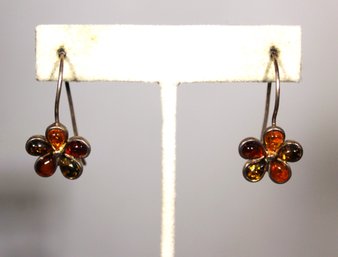 Fine Sterling Silver Pierced Drop Floral Form Genuine Amber Earrings