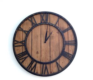 30inch - Wooden Barrell Stave Style Wall Clock With Iron Frame And Roman Numeral Markers