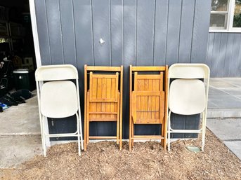 Pair Of Solid Wood Mid Century Folding Chairs & Pair Of Samsonite Vinyl Folding Chairs