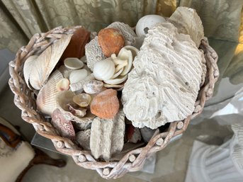 Collection Of Coral & Seashells In A Heart-Shaped Basket