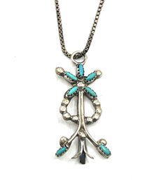 Vintage Sterling Silver Needlepoint Turquoise Ornate Pendant On Italian Sterling Silver Chain