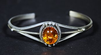 Vintage Sterling Silver Cuff Bracelet Having Genuine Amber Cabochon Stone