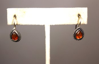 Fine Sterling Silver Drop Pierced Earrings Genuine Amber Stones