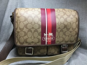 Beautiful Like New COACH Purse With Racing Stripes - Beige Coach Monogram Fabric - Fantastic Bag - WOW !