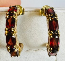 GOLD OVER STERLING SILVER GARNET HOOP EARRINGS