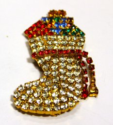 Fine Quality Vintage Rhinestone Christmas Stocking Brooch