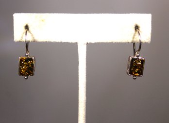 Fine Sterling Silver Pierced Drop Earrings Square Amber Stones