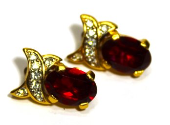 Pair Signed NINA RICCI Vintage Red White Costume Rhinestone Clip Earrings