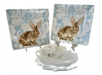 3 Pc. GRACE TEA WARE Items: Bunny Themes Square Plates & Candy Dish