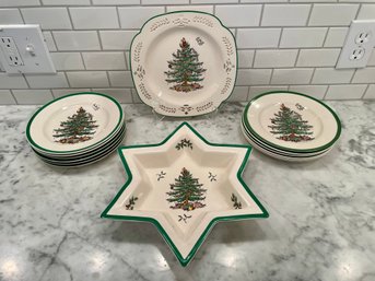 Spode Christmas Tree Luncheon Plates, Bowl & Pierced Square Plate