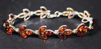 Sterling Silver Link Bracelet Having Genuine Amber Stones Leaf Form