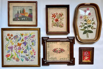 6 Antique & Vintage Flower Embroideries & Needlepoints, Frames