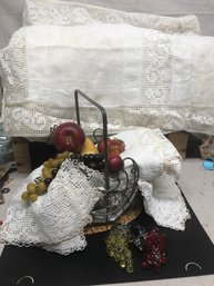 Beautiful Vintage Linen, Basket & Plastic Fruit