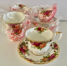 (Lot #1) NEW Royal Albert Old Country Roses Footed Cups & Saucers 6 Cups, 6 Saucers Original Plastic Sleeves