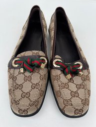 Gucci Beige/Brown GG Canvas And Leather Web Bow Detail Loafers Size 10/10.5