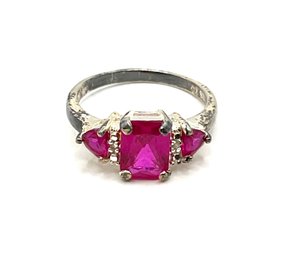 Vintage Sterling Silver Three Dark Pink Stone Ring, Size 6.75