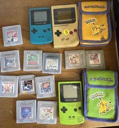TWO NINTENDO GAMEBOY COLOR AND ONE NINTENDO GAMEBOY WITH GAMEBOY COLOR AND GAMEBOY GAMES AND ACCESSORIES
