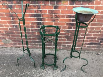 Lovely Lot Of Three Antique / Vintage Wrought Iron Plant Stands One Has Original Copper Bowl - Very Nice Lot