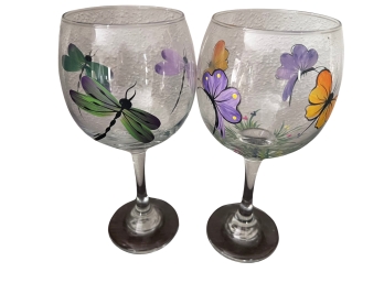 Pair Of Hand Painted Wine Glasses With Dragonfly/butterfly Motif