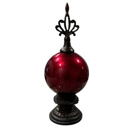 Tall Decorative Red Round Globe Crackled Fleur De Lis Resin Statue