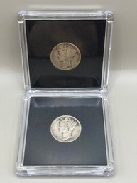 2 Beautiful Mercury Dimes In Plastic Cases