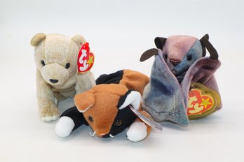 1996 Chip, 1998 Batty, 1999 Almond TY Beanie Babies