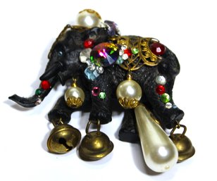 Large Plastic Elephant Rhinestone Brooch W Faux Pearls And Bells