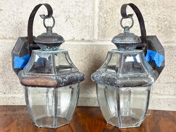 A Pair Of Copper And Beveled Glass Outdoor Lanterns